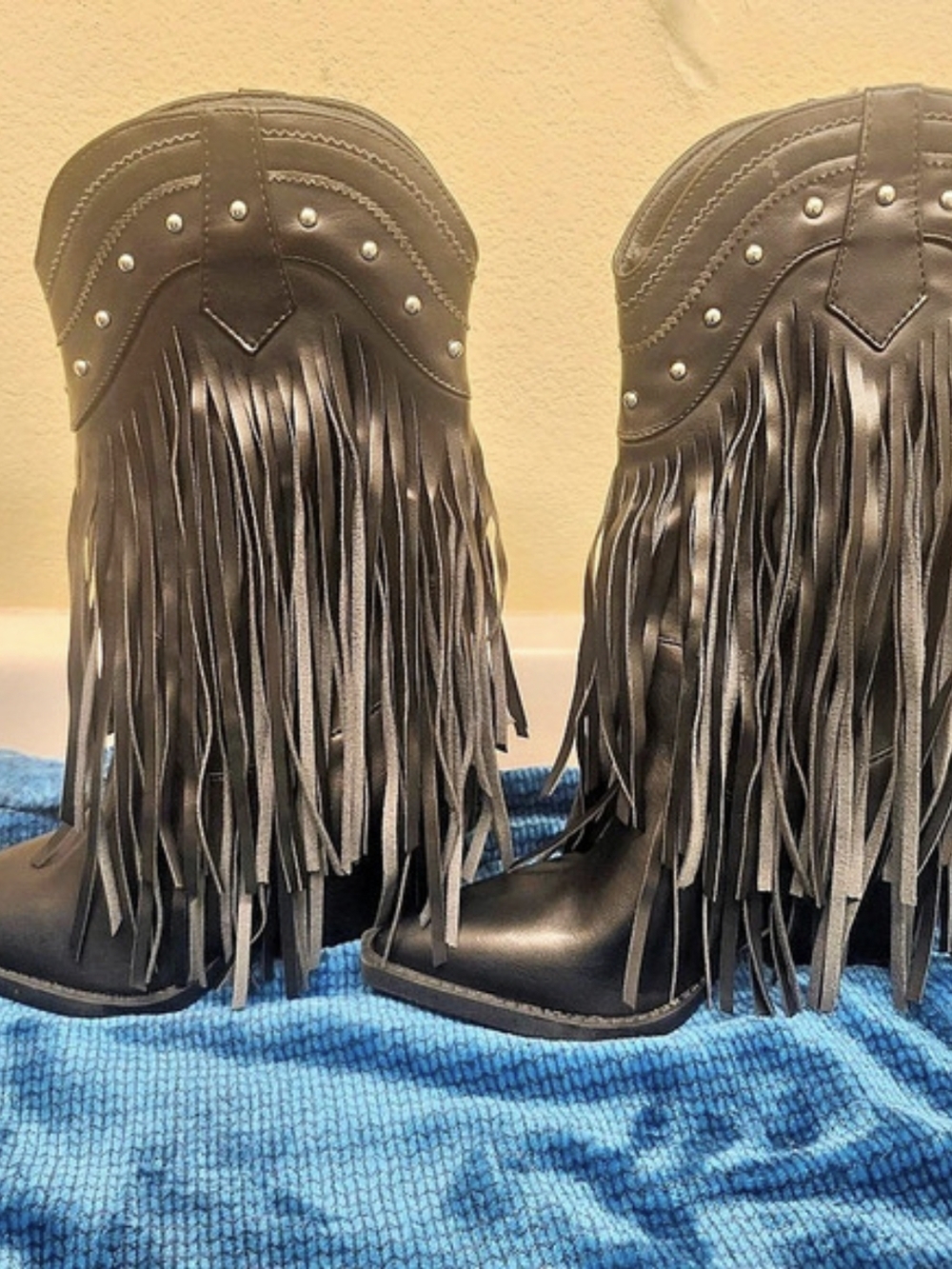 Western Black Fringe Studded Heeled Boots Like New